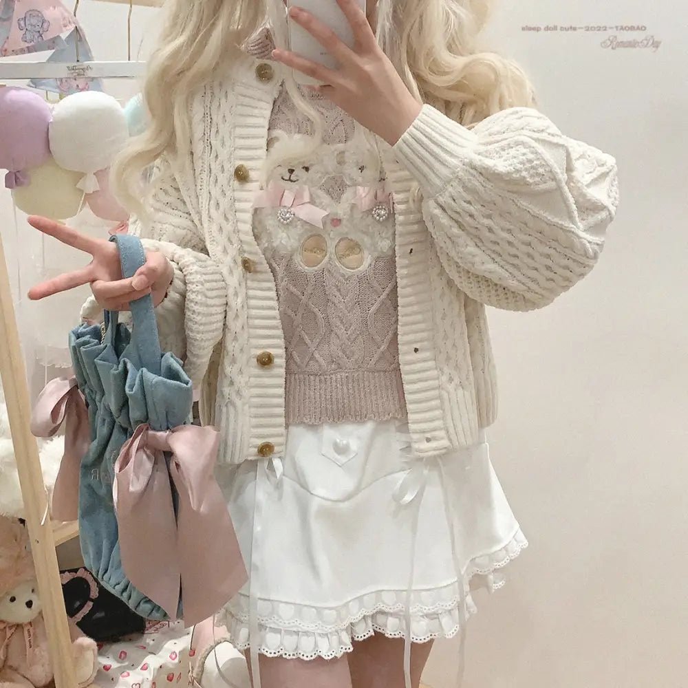 Vintage Teddy Bear Knit Sweater with Silk Ribbons and Pearl Details 58cm - Cosparty