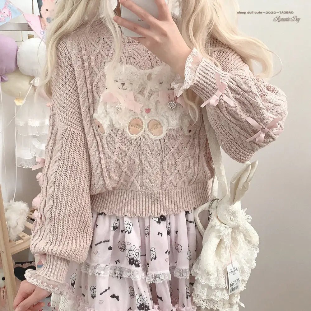 Vintage Teddy Bear Knit Sweater with Silk Ribbons and Pearl Details 58cm - Cosparty