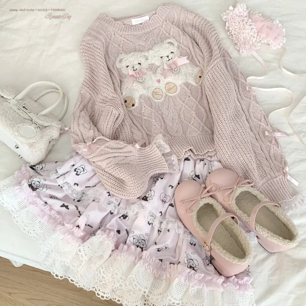 Vintage Teddy Bear Knit Sweater with Silk Ribbons and Pearl Details 58cm - Cosparty