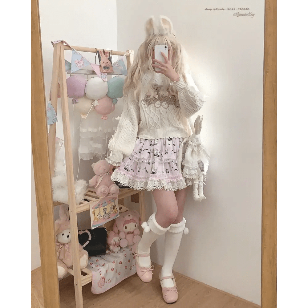 Vintage Teddy Bear Knit Sweater with Silk Ribbons and Pearl Details 58cm - Cosparty