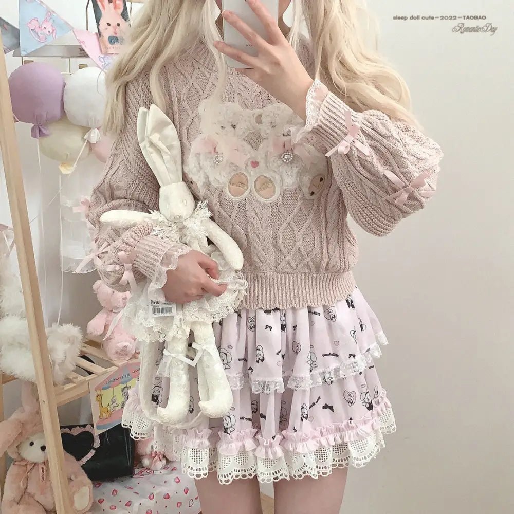 Vintage Teddy Bear Knit Sweater with Silk Ribbons and Pearl Details 58cm - Cosparty