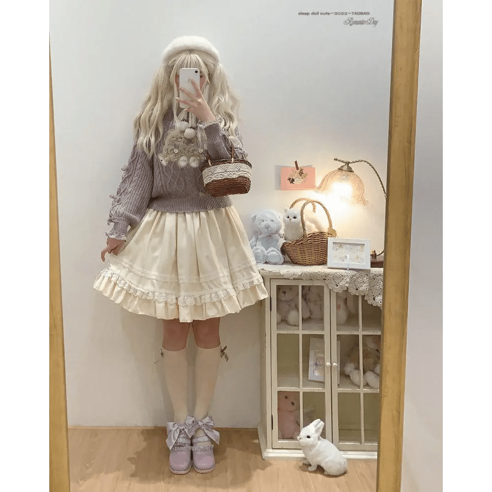 Vintage Teddy Bear Knit Sweater with Silk Ribbons and Pearl Details 58cm - Cosparty