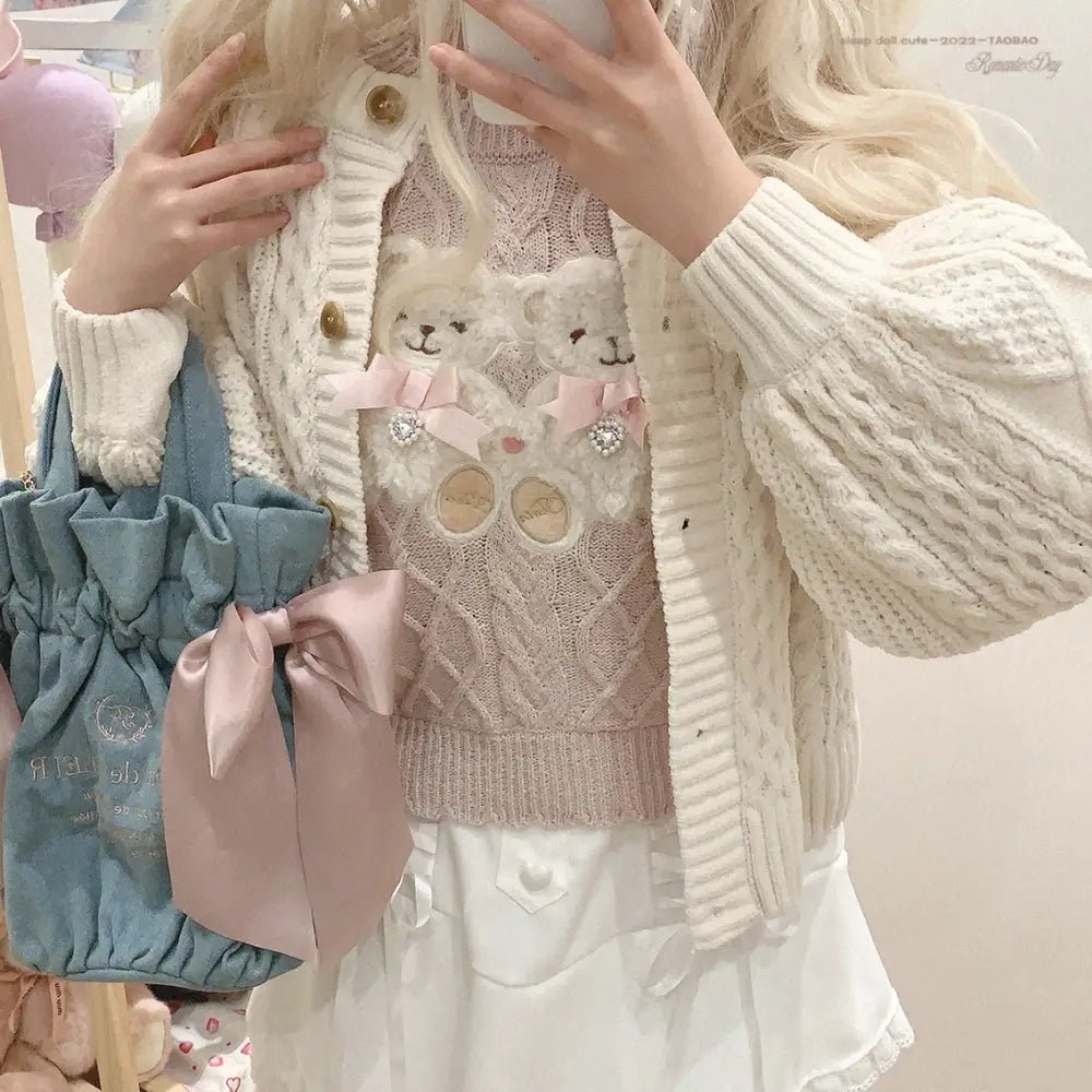 Vintage Teddy Bear Knit Sweater with Silk Ribbons and Pearl Details 58cm - Cosparty