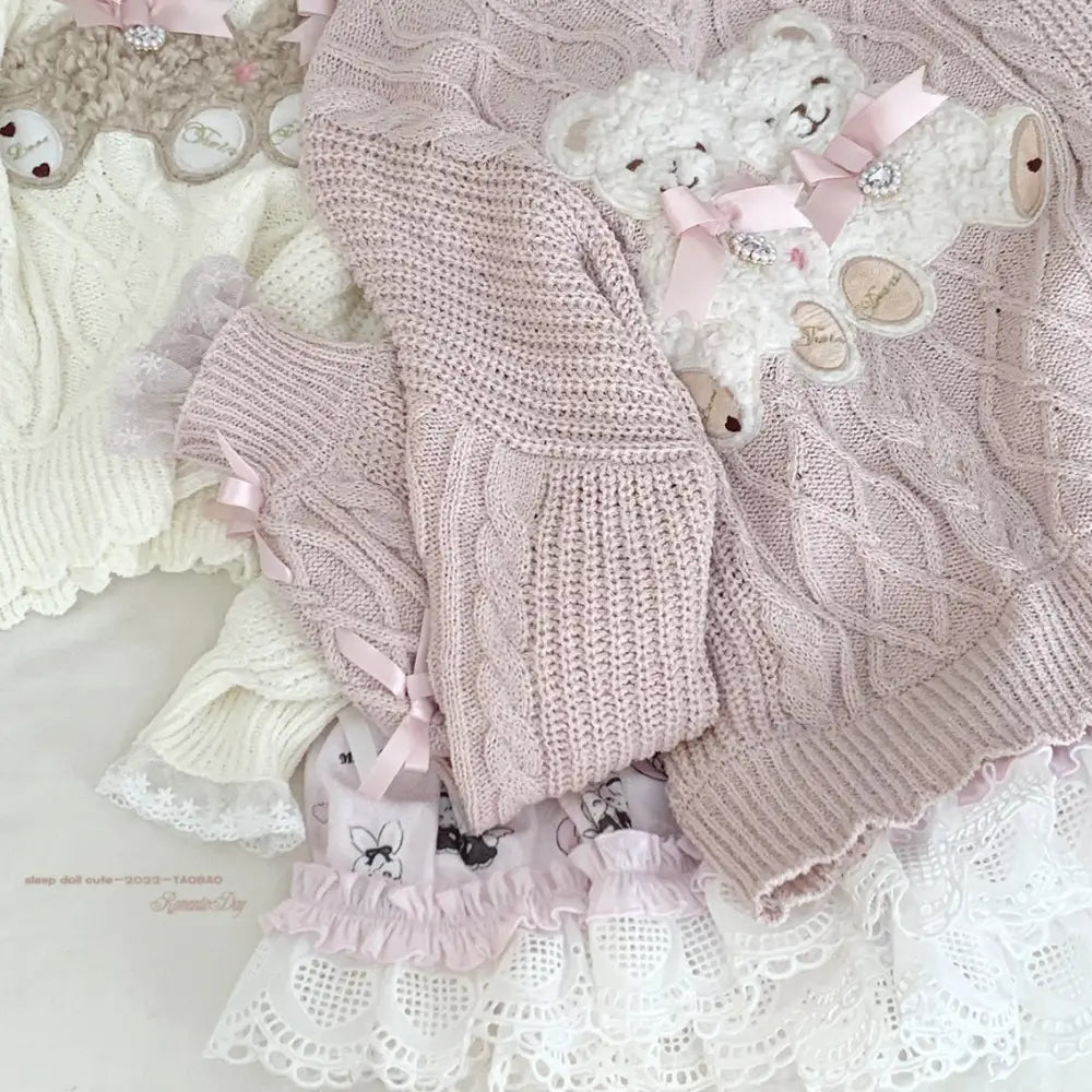 Vintage Teddy Bear Knit Sweater with Silk Ribbons and Pearl Details 58cm - Cosparty