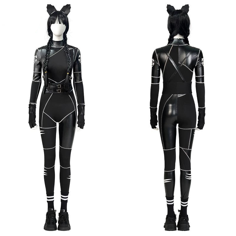 Wednesday Season 1 Leather Cat Jumpsuit Cosplay Costume - Cosparty