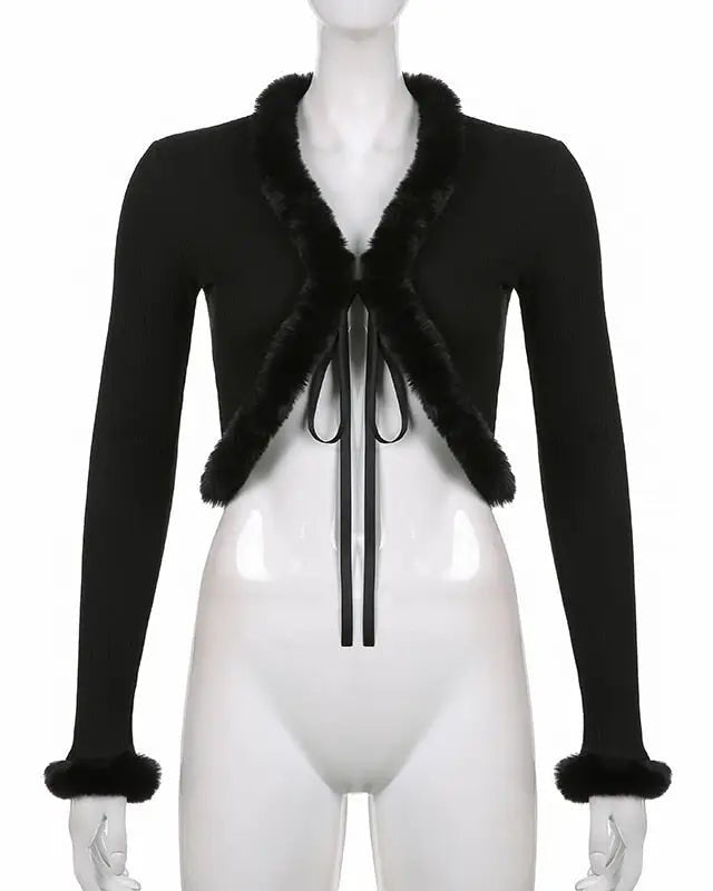 White Fur Trim Striped Cable Knit Cardigan for Cozy Days - Cosparty