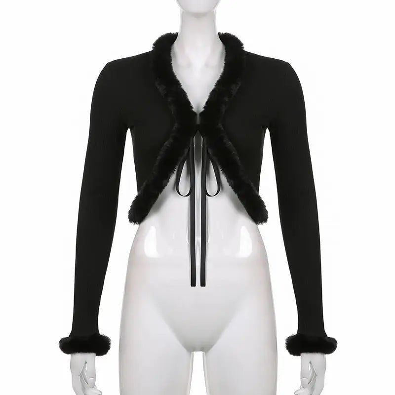 White Fur Trim Striped Cable Knit Cardigan for Cozy Days - Cosparty