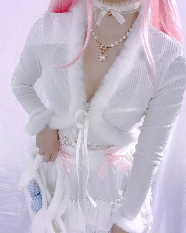 White Fur Trim Striped Cable Knit Cardigan for Cozy Days - sweater