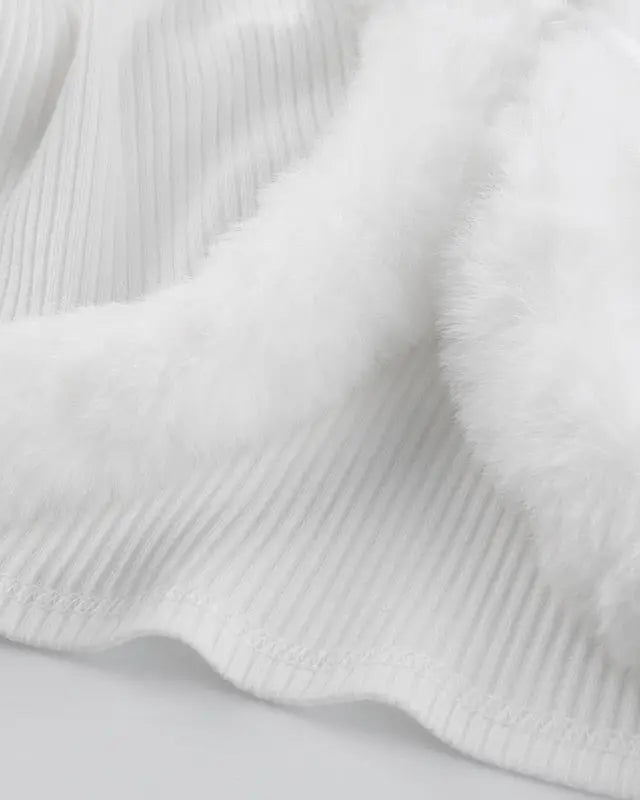 White Fur Trim Striped Cable Knit Cardigan for Cozy Days - Cosparty