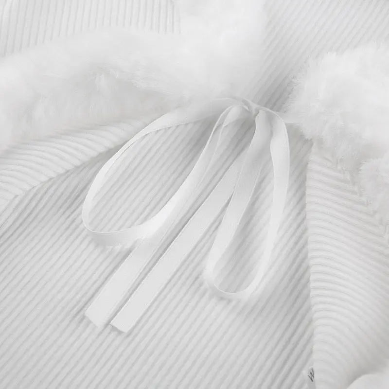 White Fur Trim Striped Cable Knit Cardigan for Cozy Days - Cosparty