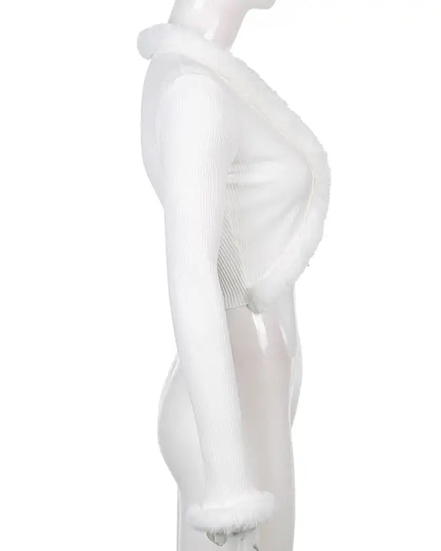 White Fur Trim Striped Cable Knit Cardigan for Cozy Days - sweater