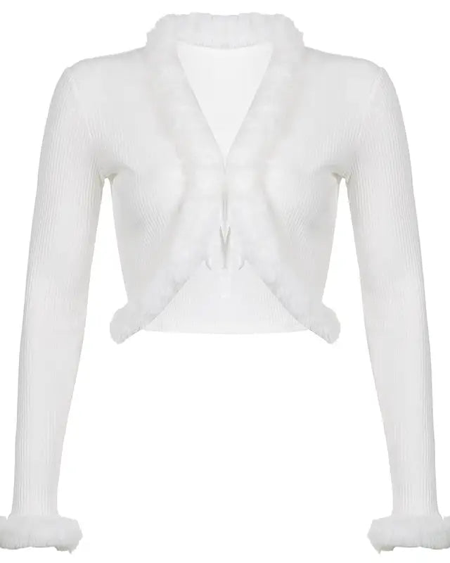 White Fur Trim Striped Cable Knit Cardigan for Cozy Days - sweater