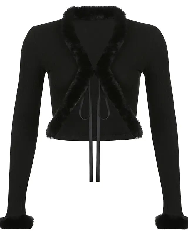 White Fur Trim Striped Cable Knit Cardigan for Cozy Days - Cosparty