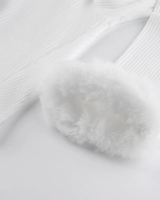 White Fur Trim Striped Cable Knit Cardigan for Cozy Days - Cosparty