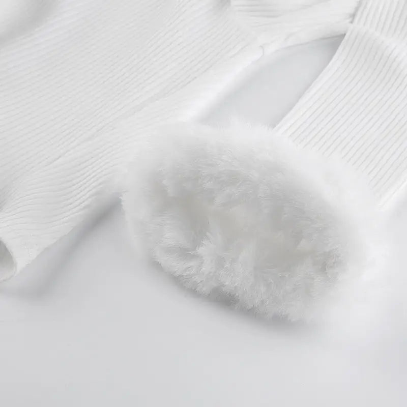 White Fur Trim Striped Cable Knit Cardigan for Cozy Days - Cosparty