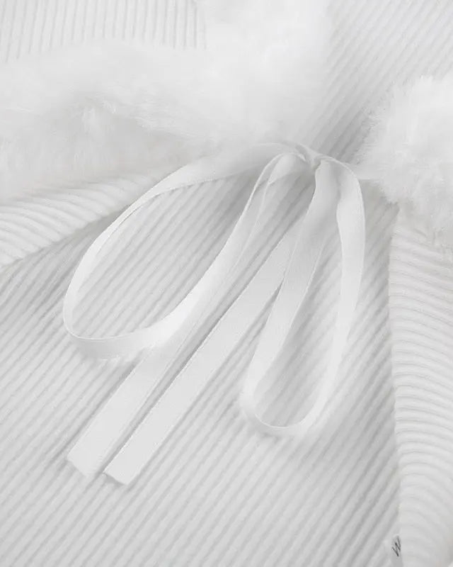 White Fur Trim Striped Cable Knit Cardigan for Cozy Days - sweater