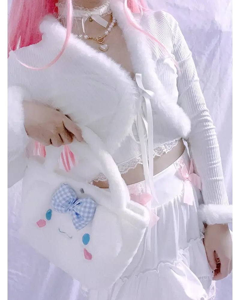 White Fur Trim Striped Cable Knit Cardigan for Cozy Days - sweater