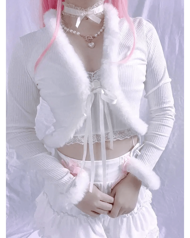 White Fur Trim Striped Cable Knit Cardigan for Cozy Days - Cosparty