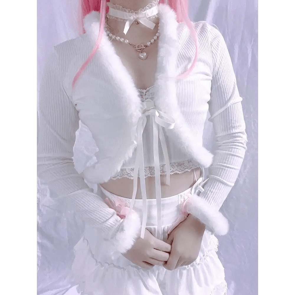 White Fur Trim Striped Cable Knit Cardigan for Cozy Days - Cosparty