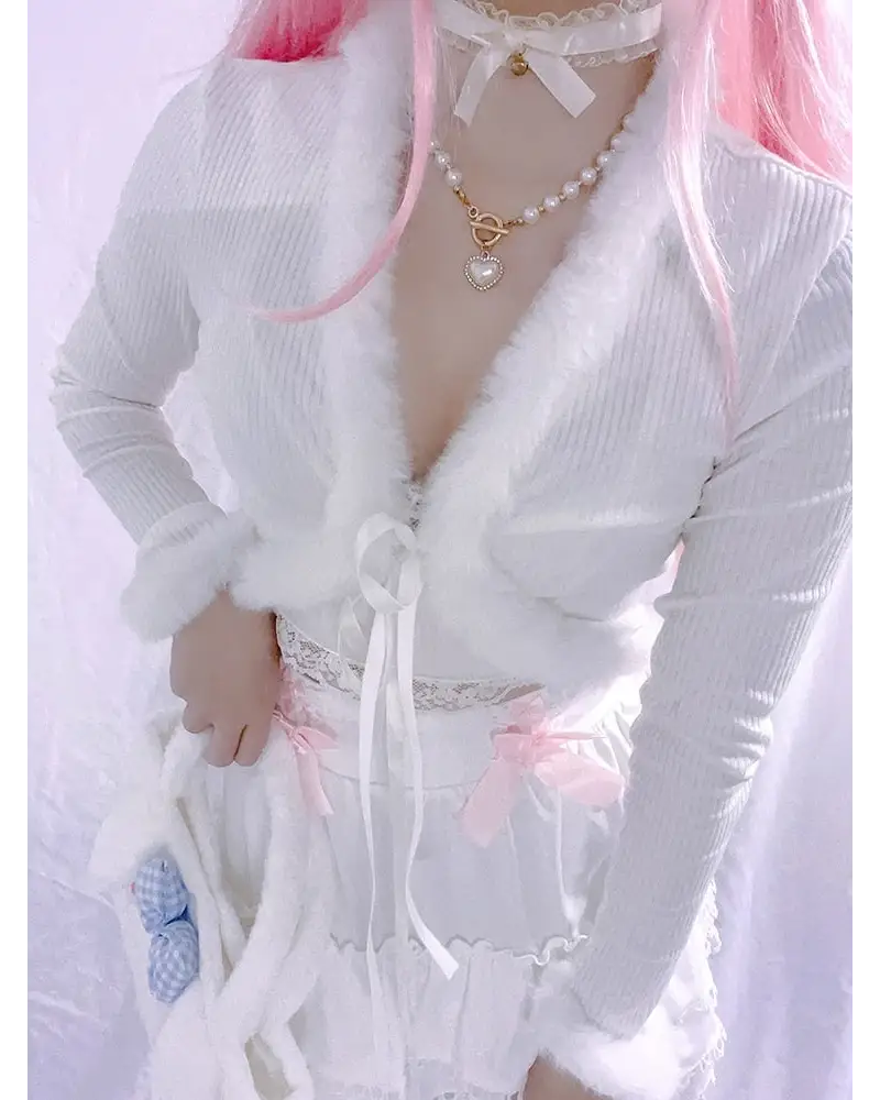 White Fur Trim Striped Cable Knit Cardigan for Cozy Days - sweater