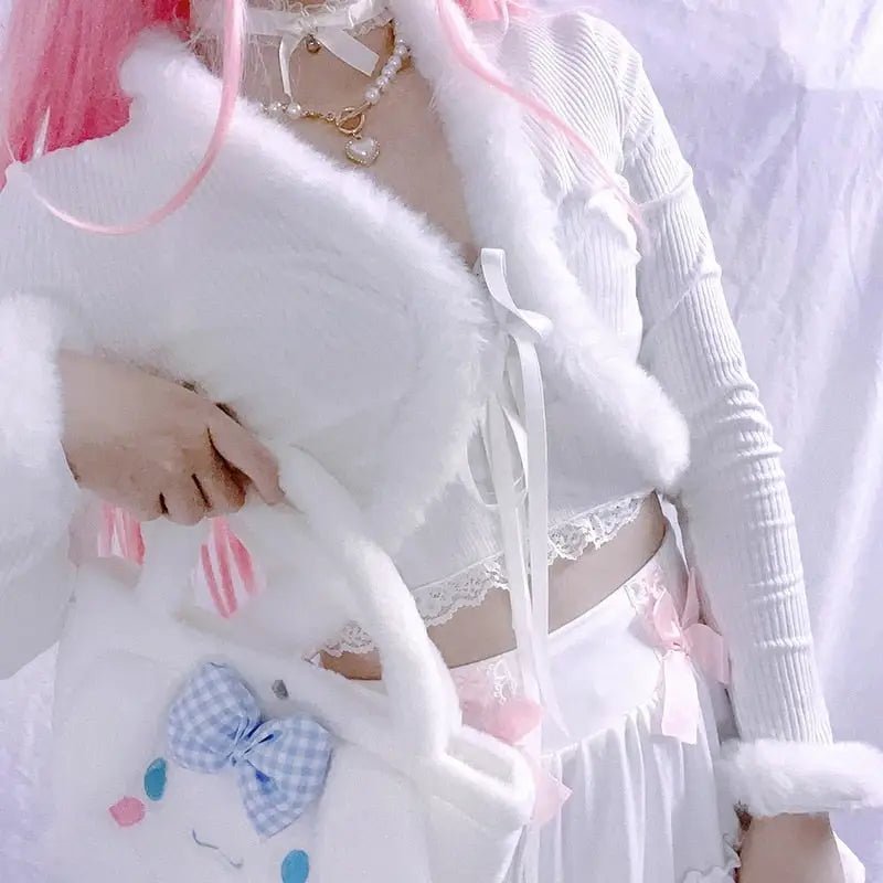 White Fur Trim Striped Cable Knit Cardigan for Cozy Days - Cosparty