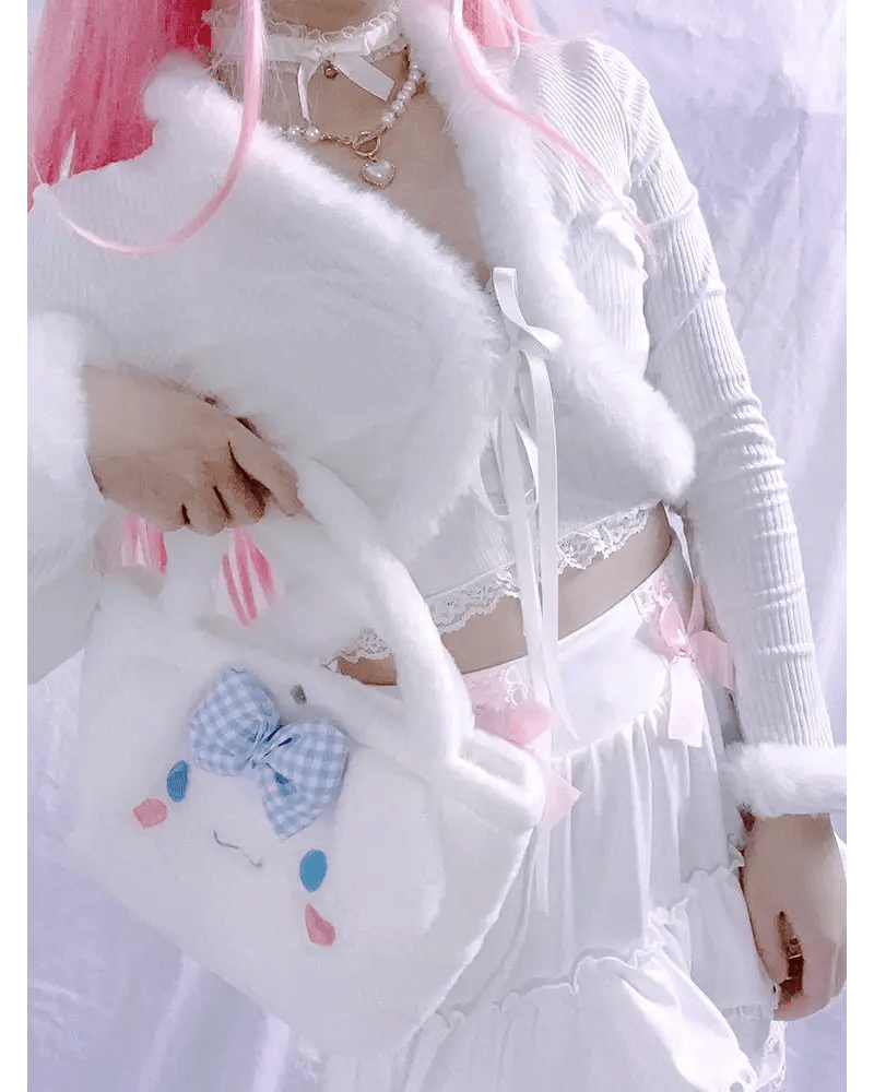 White Fur Trim Striped Cable Knit Cardigan for Cozy Days - Cosparty