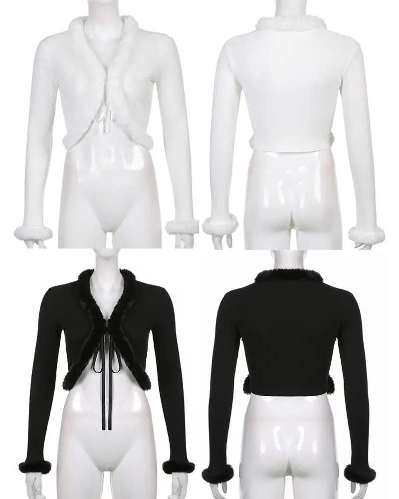 White Fur Trim Striped Cable Knit Cardigan for Cozy Days - sweater