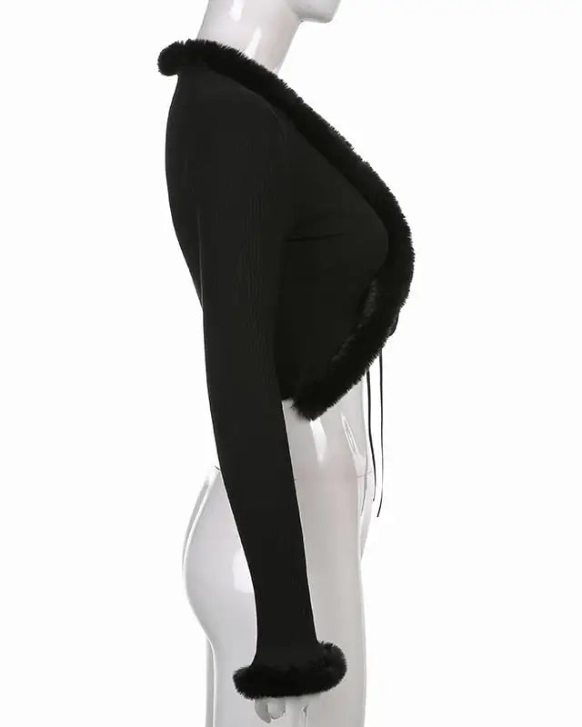 White Fur Trim Striped Cable Knit Cardigan for Cozy Days - sweater