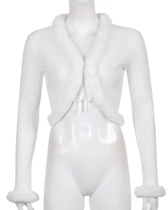 White Fur Trim Striped Cable Knit Cardigan for Cozy Days - Cosparty