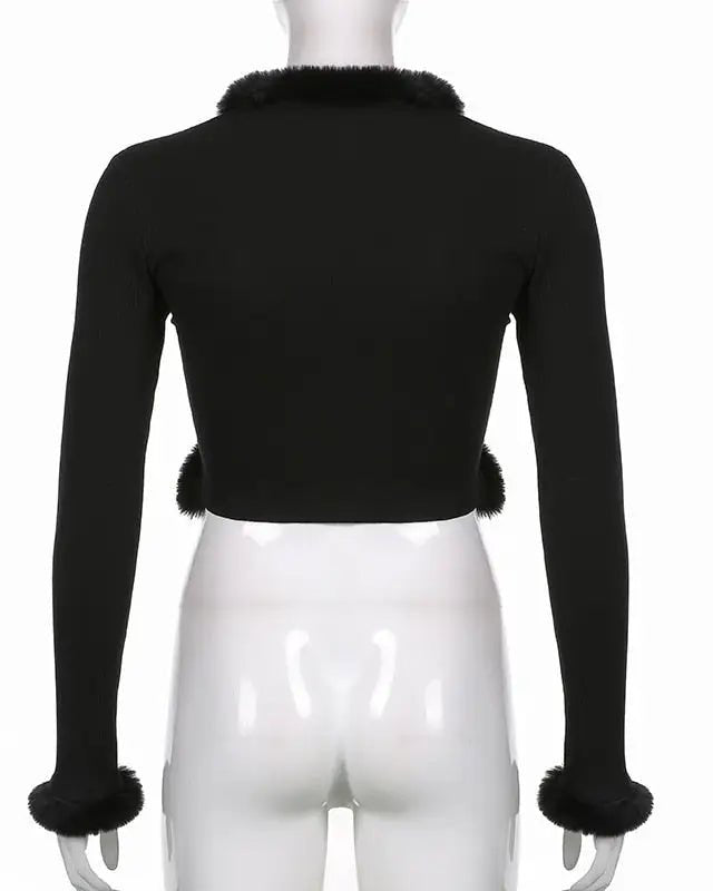 White Fur Trim Striped Cable Knit Cardigan for Cozy Days - Cosparty