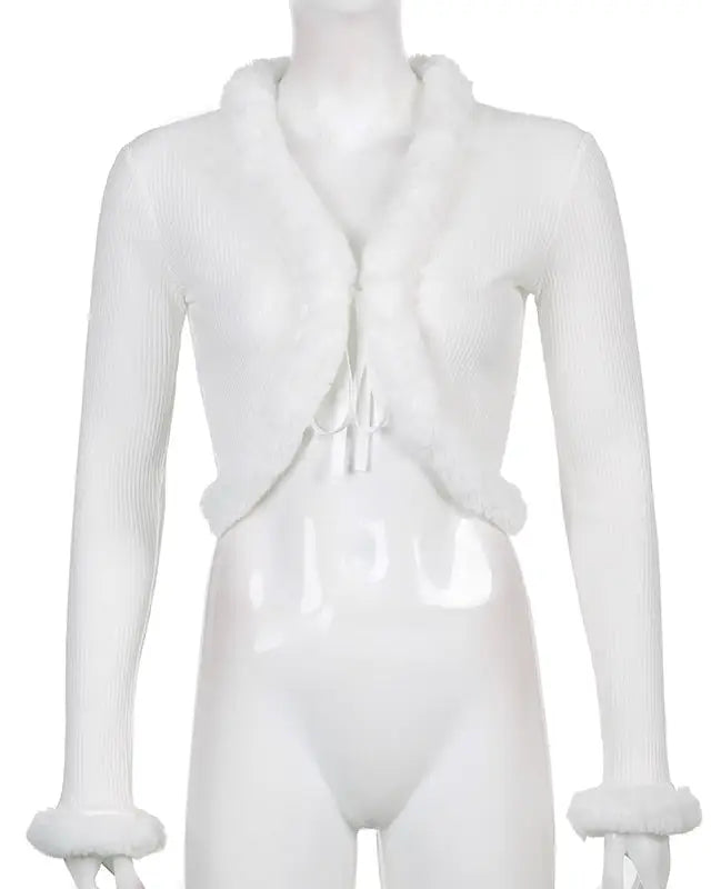 White Fur Trim Striped Cable Knit Cardigan for Cozy Days - sweater