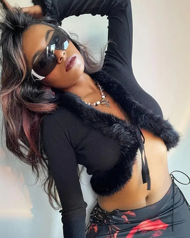 White Fur Trim Striped Cable Knit Cardigan for Cozy Days - sweater