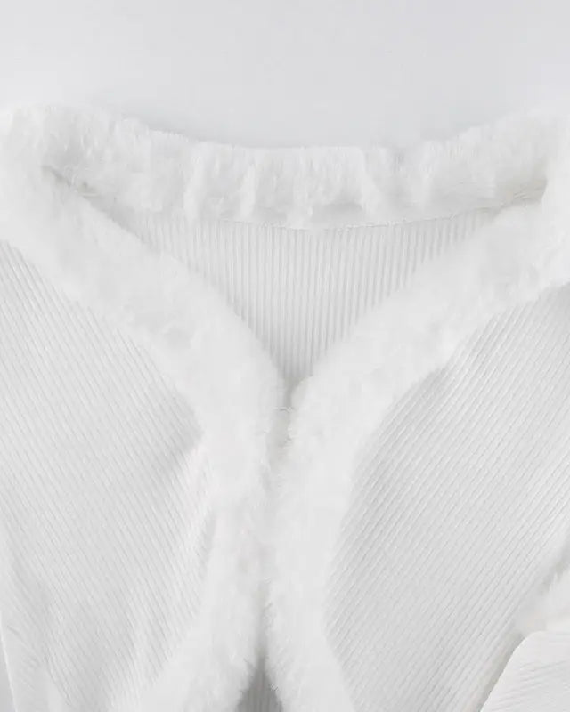 White Fur Trim Striped Cable Knit Cardigan for Cozy Days - Cosparty