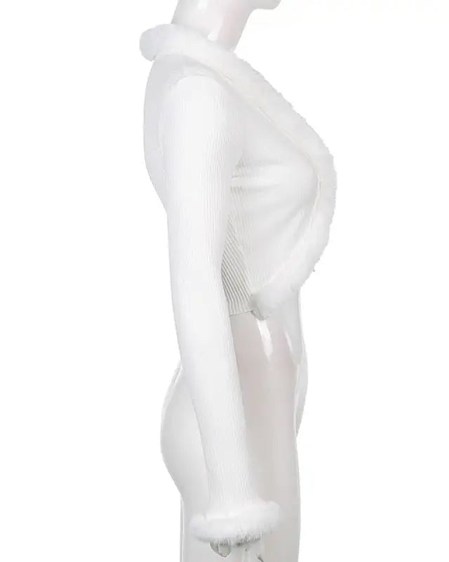 White Fur Trim Striped Cable Knit Cardigan for Cozy Days - Cosparty