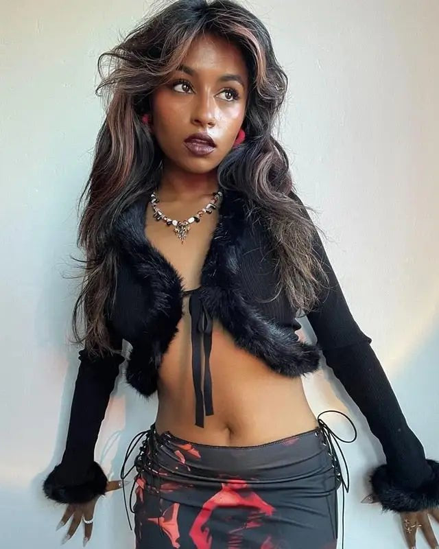 White Fur Trim Striped Cable Knit Cardigan for Cozy Days - Cosparty