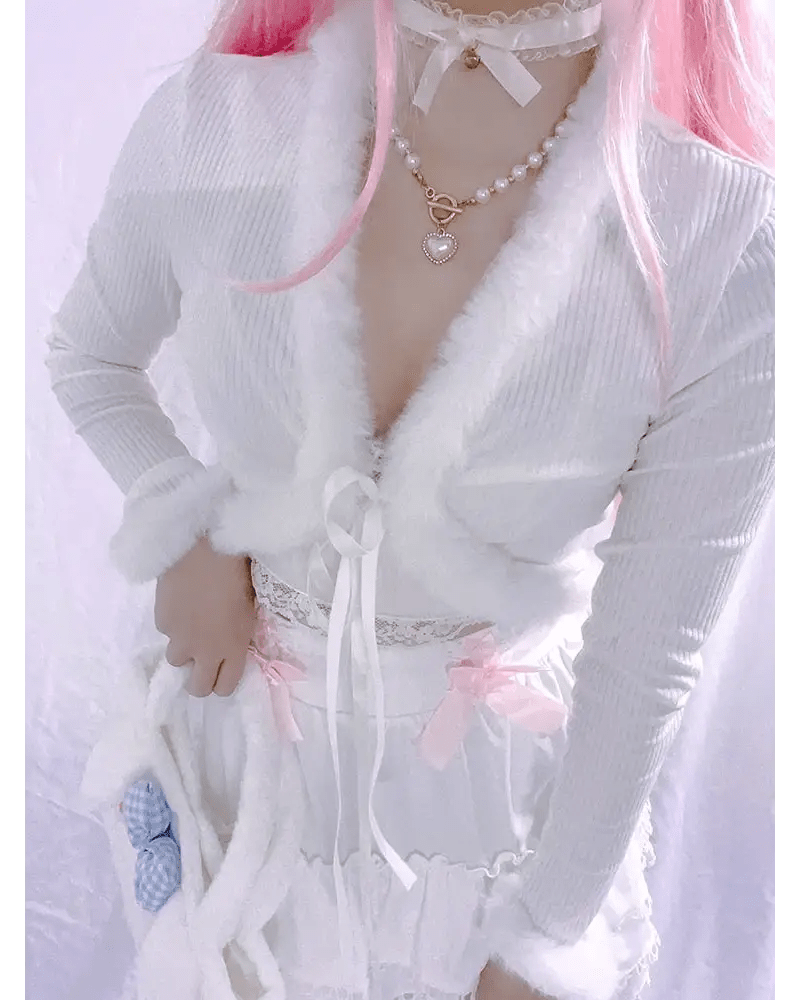 White Fur Trim Striped Cable Knit Cardigan for Cozy Days - Cosparty