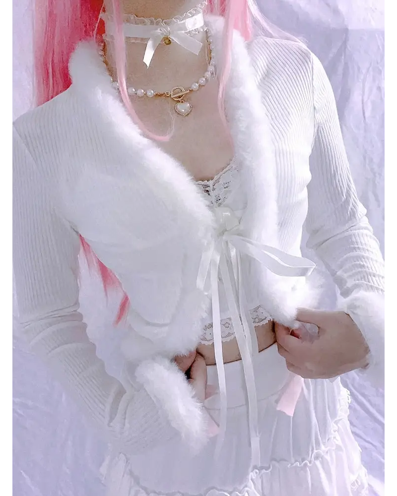 White Fur Trim Striped Cable Knit Cardigan for Cozy Days - sweater