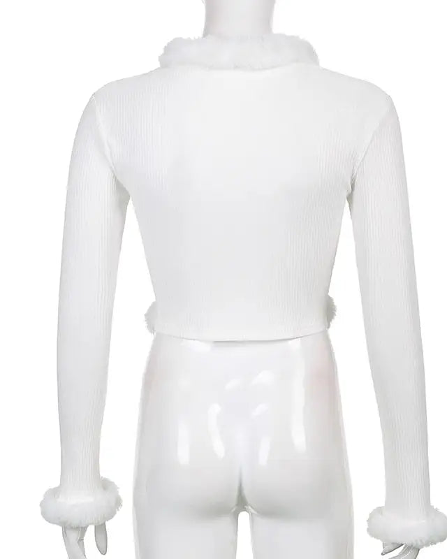 White Fur Trim Striped Cable Knit Cardigan for Cozy Days - sweater