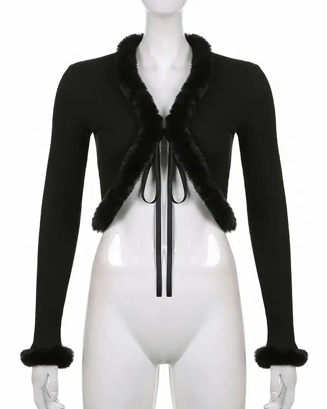 White Fur Trim Striped Cable Knit Cardigan for Cozy Days - sweater