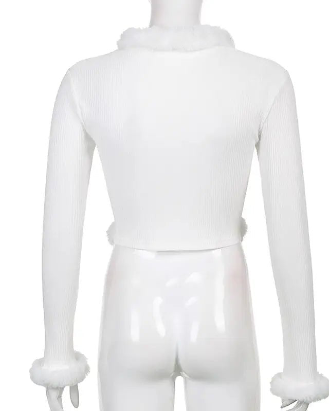 White Fur Trim Striped Cable Knit Cardigan for Cozy Days - Cosparty