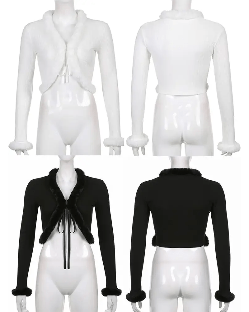 White Fur Trim Striped Cable Knit Cardigan for Cozy Days - Cosparty