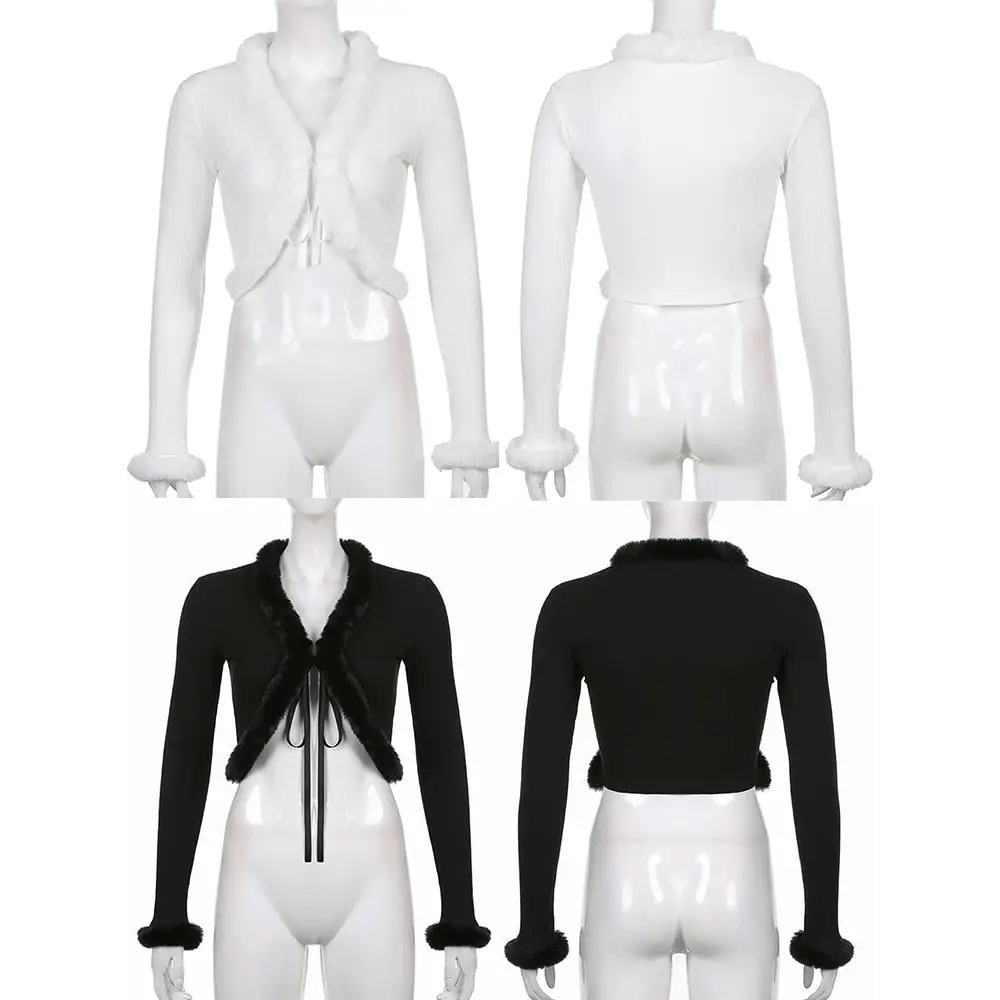 White Fur Trim Striped Cable Knit Cardigan for Cozy Days - Cosparty