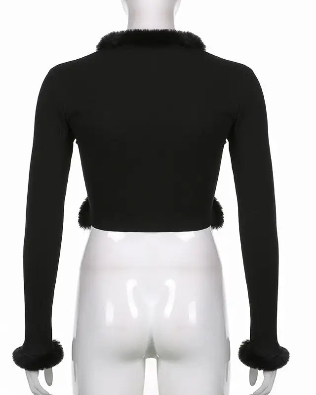 White Fur Trim Striped Cable Knit Cardigan for Cozy Days - sweater