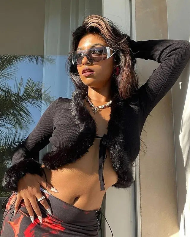 White Fur Trim Striped Cable Knit Cardigan for Cozy Days - sweater