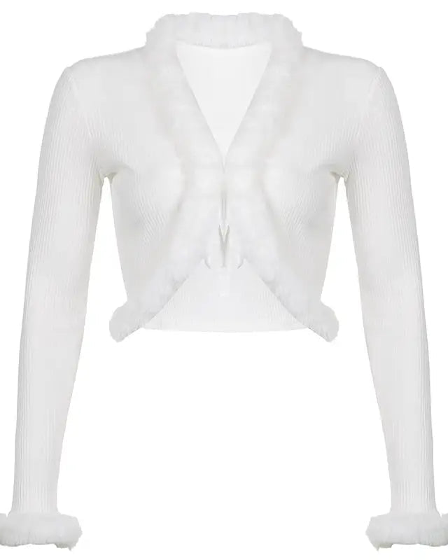 White Fur Trim Striped Cable Knit Cardigan for Cozy Days - Cosparty