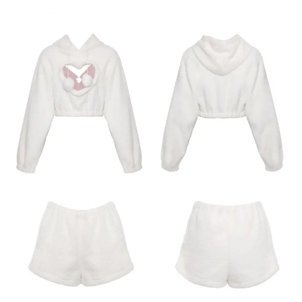 White Fuzzy Valentine Outfit Set with Cozy Shorts and Cropped Hoodie - Cosparty