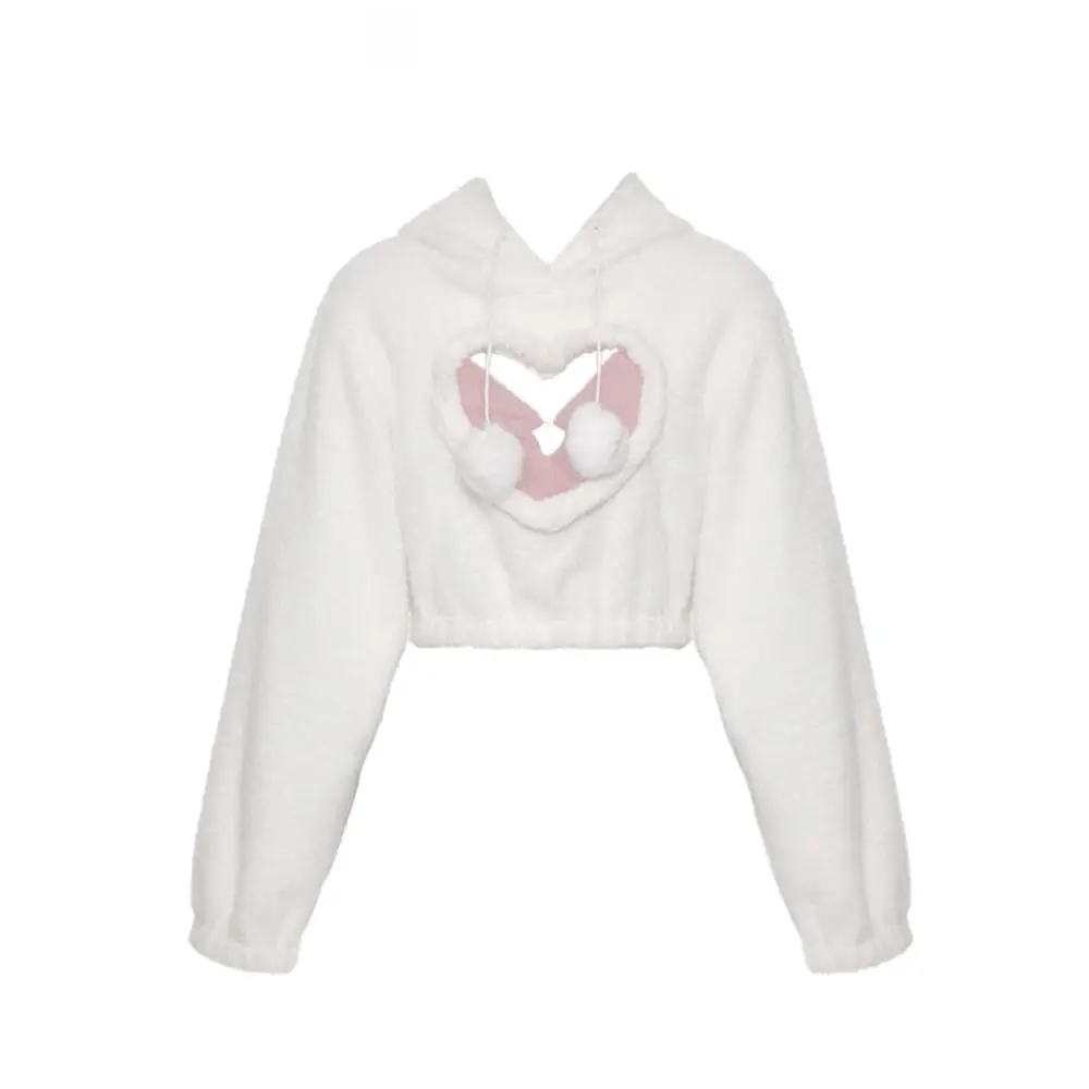 White Fuzzy Valentine Outfit Set with Cozy Shorts and Cropped Hoodie - Cosparty