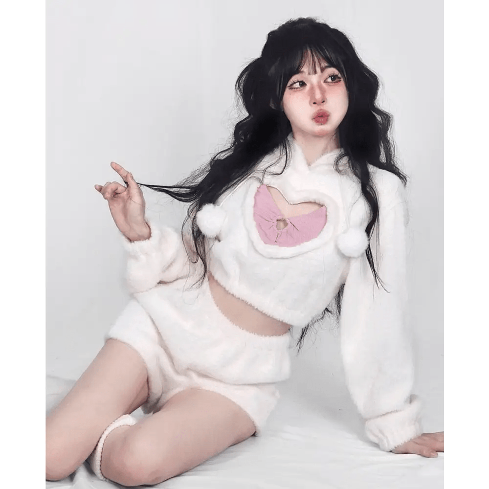 White Fuzzy Valentine Outfit Set with Cozy Shorts and Cropped Hoodie - Cosparty