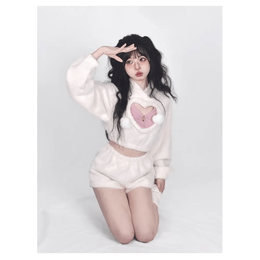 White Fuzzy Valentine Outfit Set with Cozy Shorts and Cropped Hoodie - Cosparty
