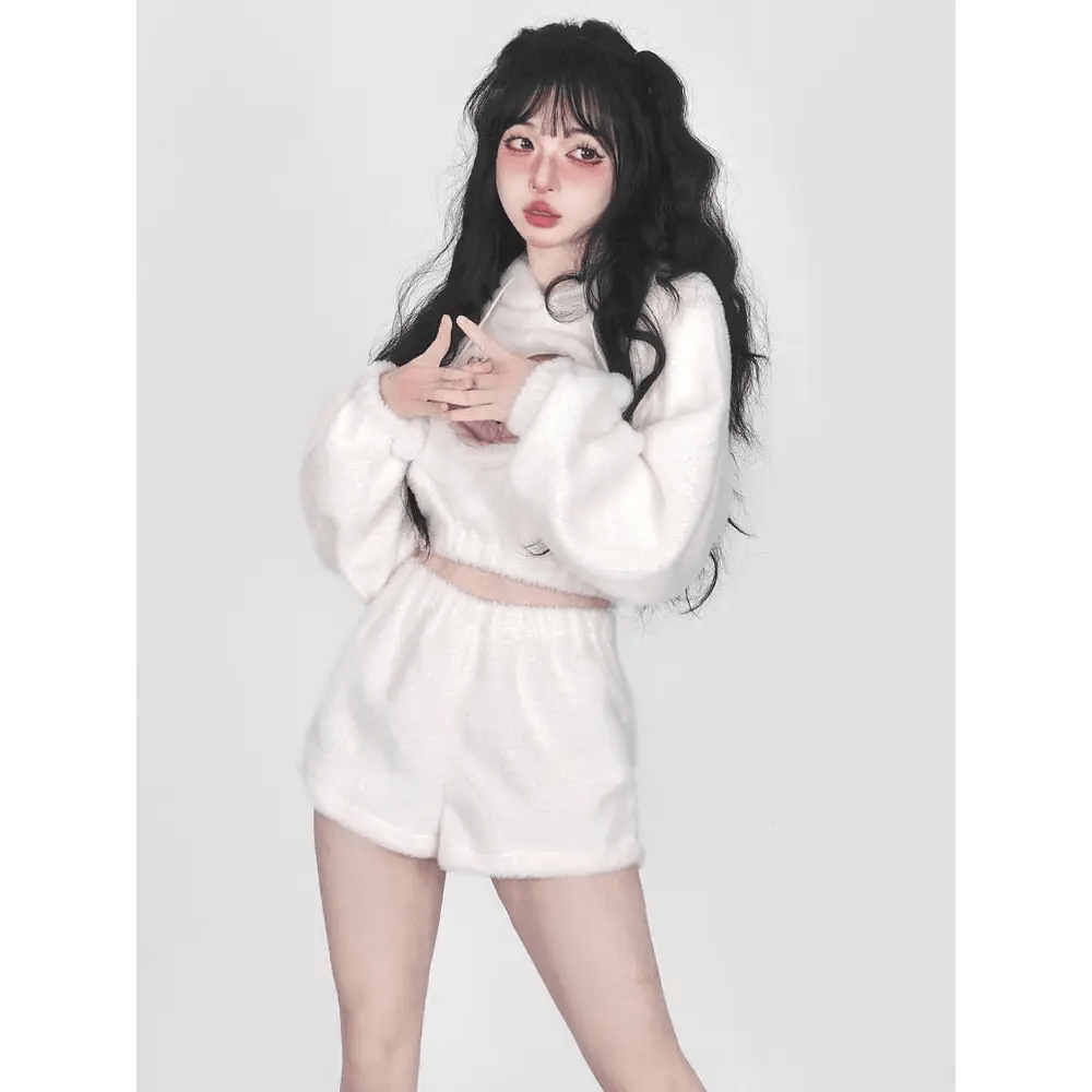 White Fuzzy Valentine Outfit Set with Cozy Shorts and Cropped Hoodie - Cosparty